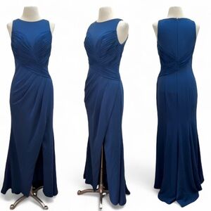 BADGLEY MISCHKA $795 Blue Pleated Crossover Crepe Gown W Side Slit Size 4 Small